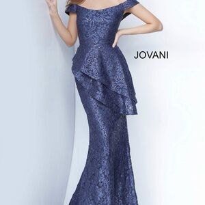 Jovani Navy One-Shoulder Lace Evening Gown